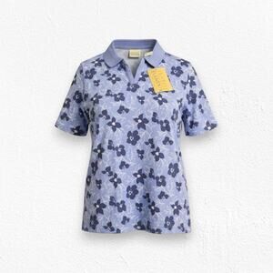 Y2K Periwinkle Blue Floral V Neck Collared Cotton Polo Top T-Shirt Size Large